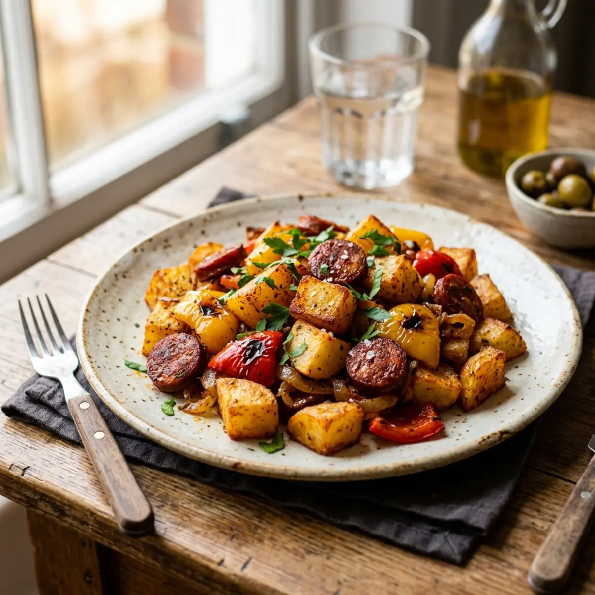 Air Fryer Potatoes with Chorizo and Vegetables - Quick Spanish Recipe