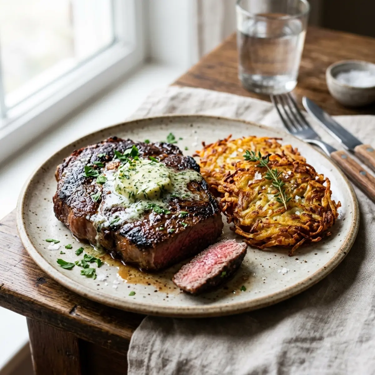 Air Fryer Ribeye Steak with Herb Butter and Potato Rösti