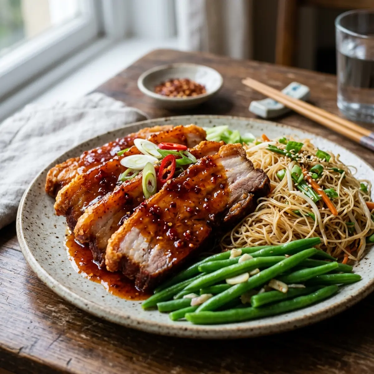 Babi Pangang crocant la Air Fryer cu fasole verde și tăieței de orez