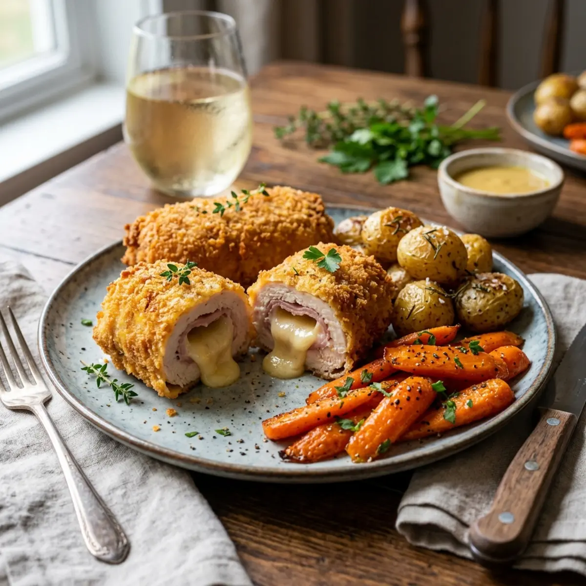 Cordon Bleu crocant la Air Fryer cu Morcovi Glazurați cu Miere și Muștar și Cartofi Noi