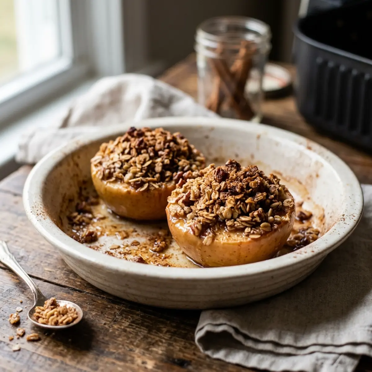 Mere coapte în air fryer cu topping de ovăz și nuci pecan