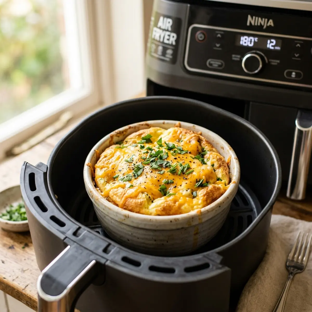 Omletă pufoasă la air fryer în ramekin
