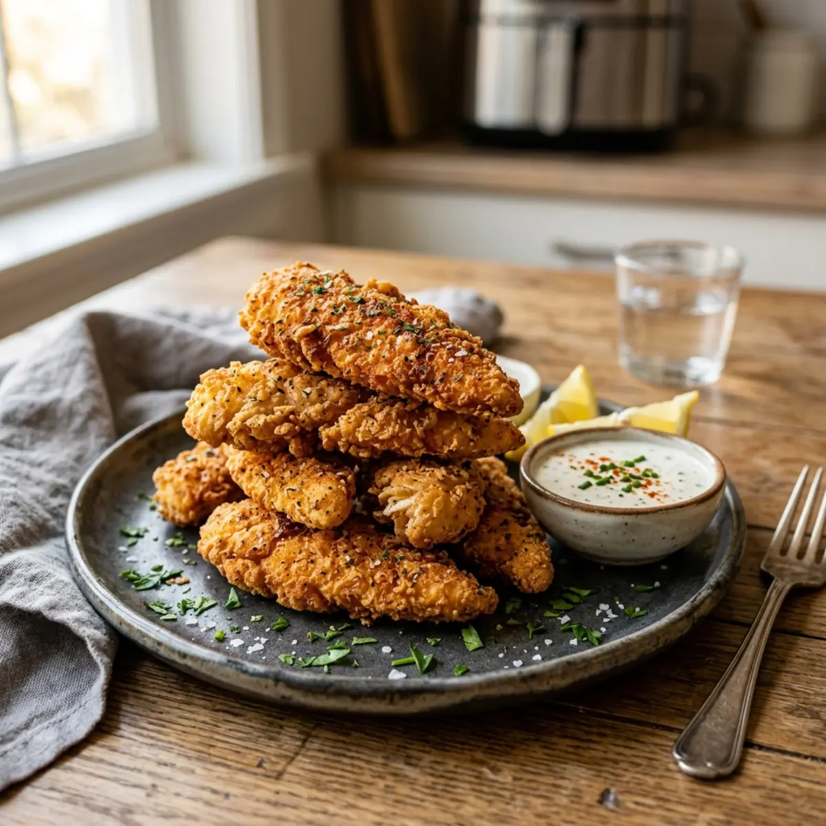 Bucăți de pui pane la air fryer cu condimente aromate
