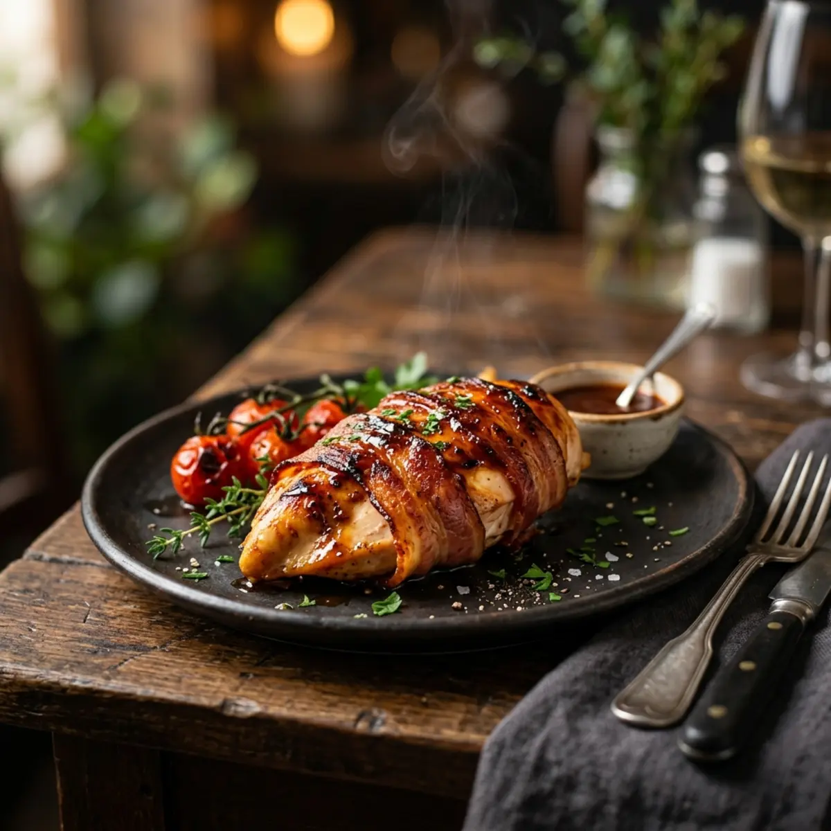 Piept de pui învelit în bacon cu sos BBQ, gătit la Air Fryer