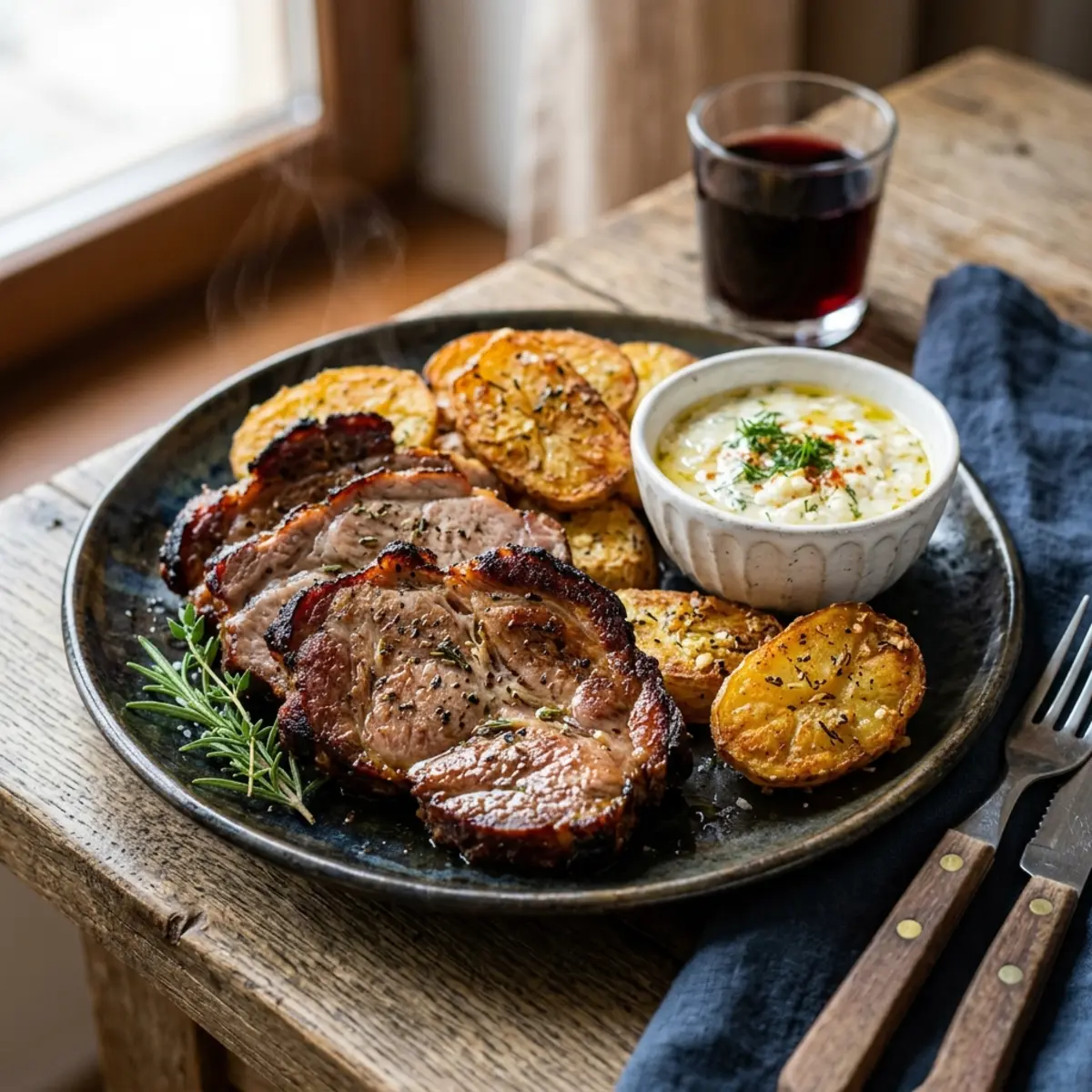 Ceafă de porc fragedă și cartofi crocanți la air fryer