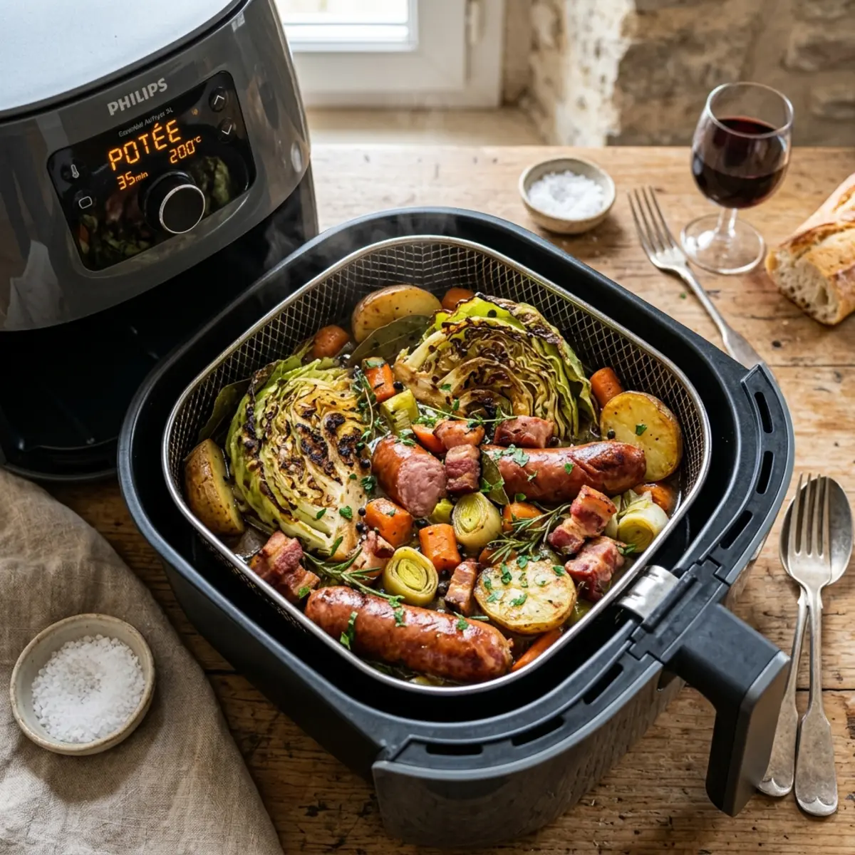 Potée Auvergne cu cârnați afumați și burtă de porc (Air Fryer)