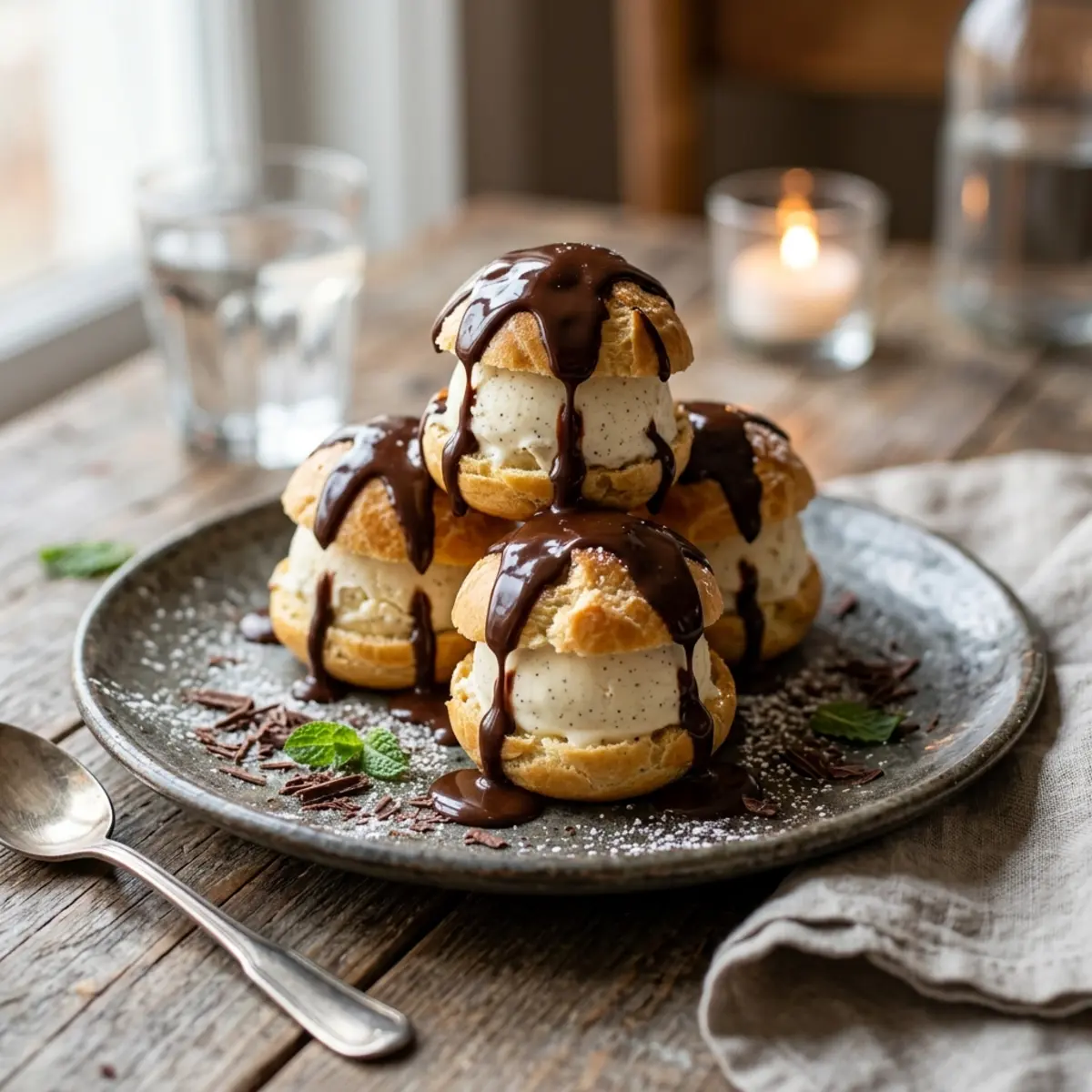 Profiterole la Air Fryer cu Înghețată de Vanilie și Sos de Ciocolată