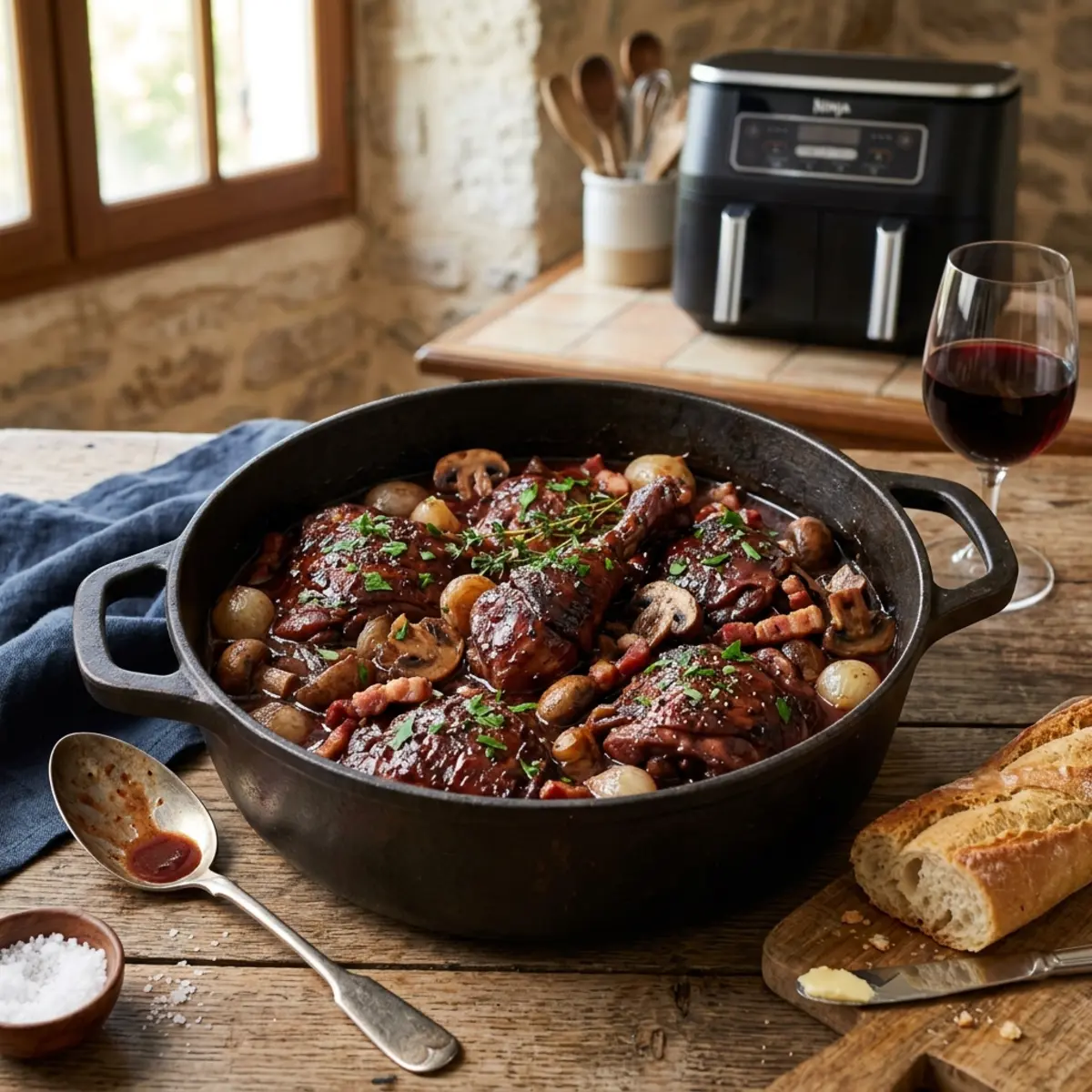 Coq au Vin la Air Fryer: Pui în Vin Roșu