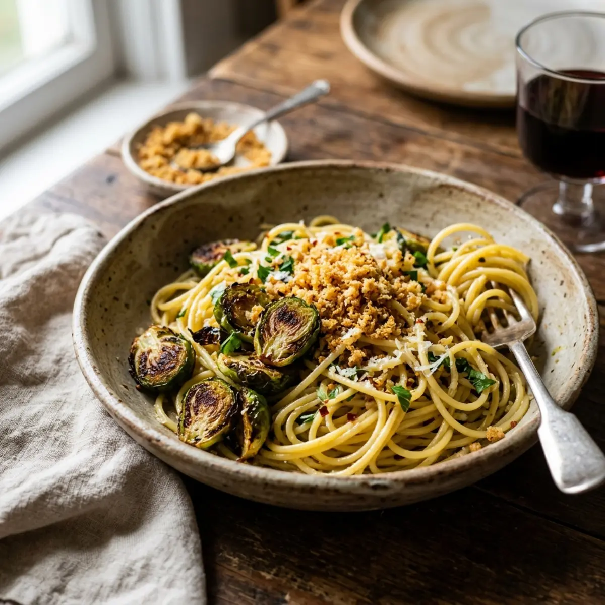 Spaghetti cu varză de Bruxelles prăjită în Air Fryer și crumble de anșoa