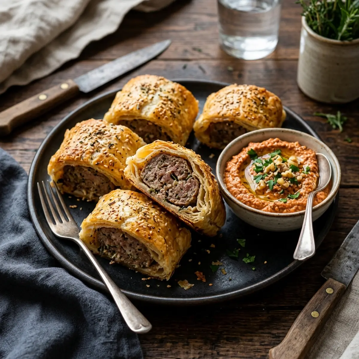 Rulouri cu cârnați de miel la air fryer și dip de ardei roșu cu nuci