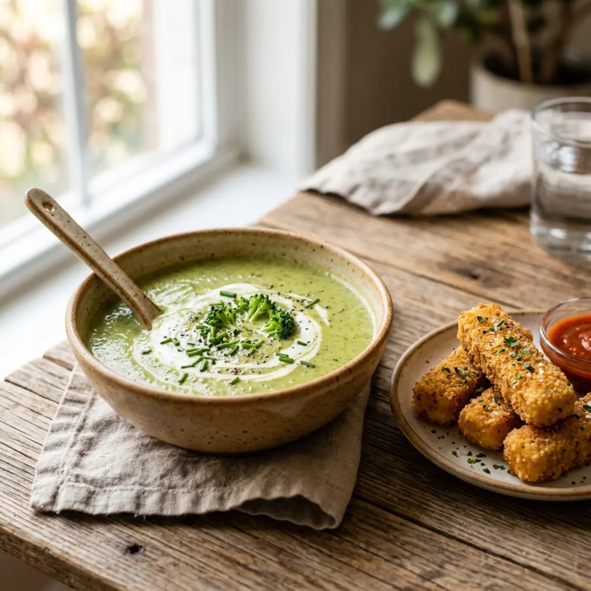 Supă cremoasă de broccoli cu bastonașe de brânză la Air Fryer