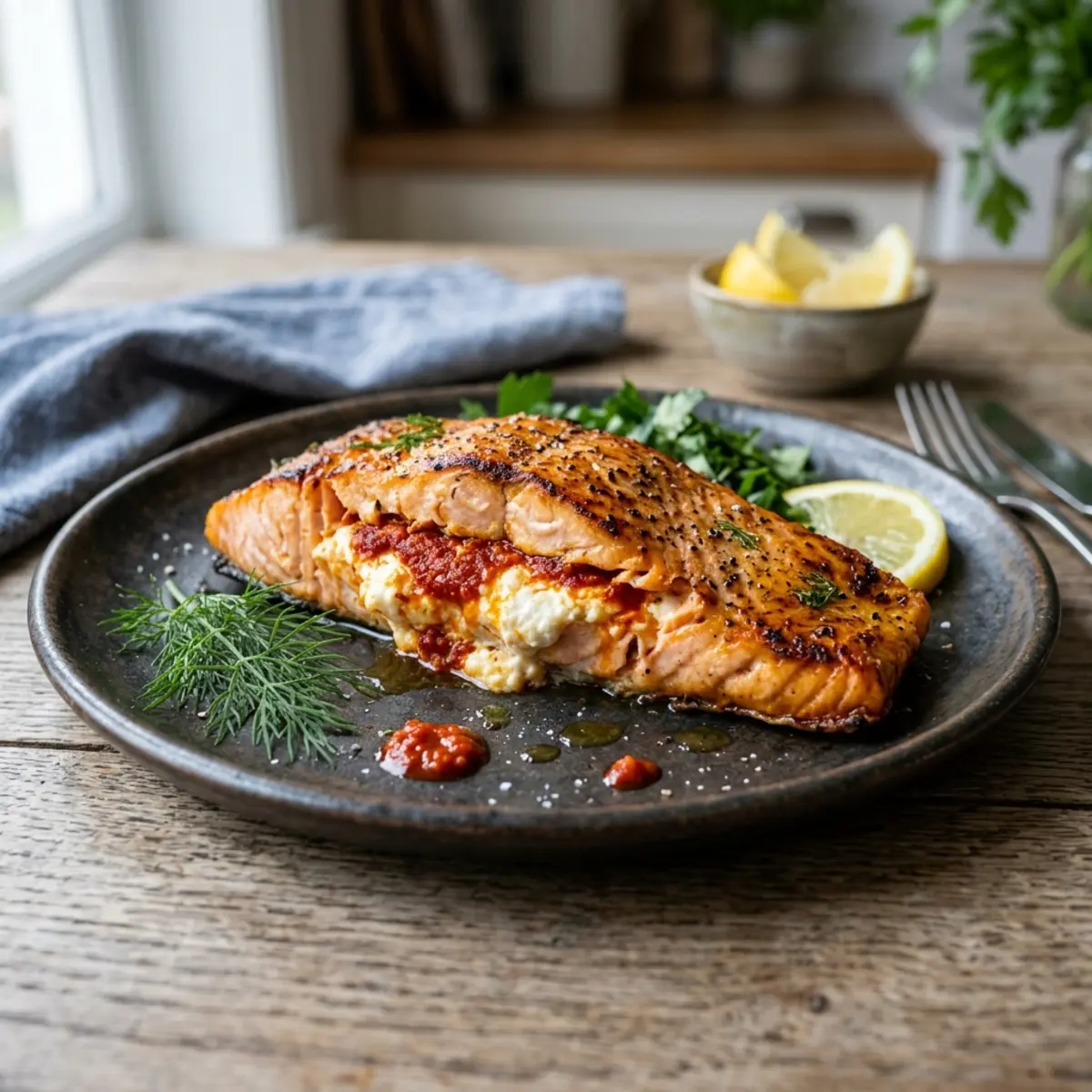 Somon umplut cu ricotta și harissa la Air Fryer