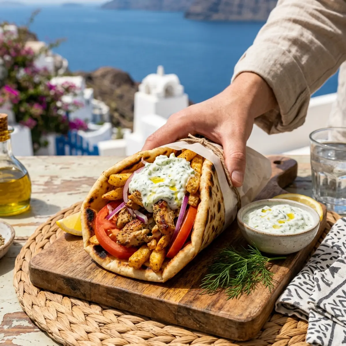 Gyros grecesc cu pui la friteuza cu aer cald și tzatziki de casă