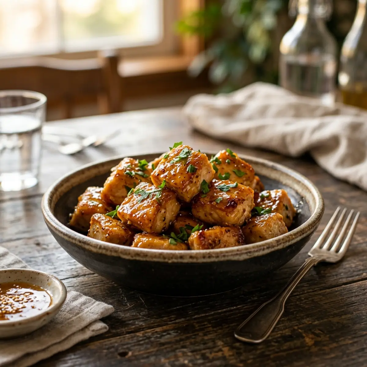 Cuburi de pui cu miere și muștar la Air Fryer