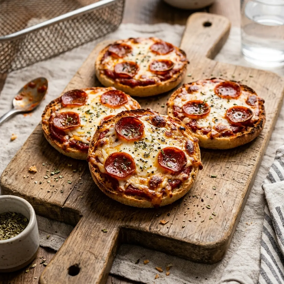 Mini Pizza în Air Fryer cu Muffini Englezești – Rețetă Rapidă și Crocantă