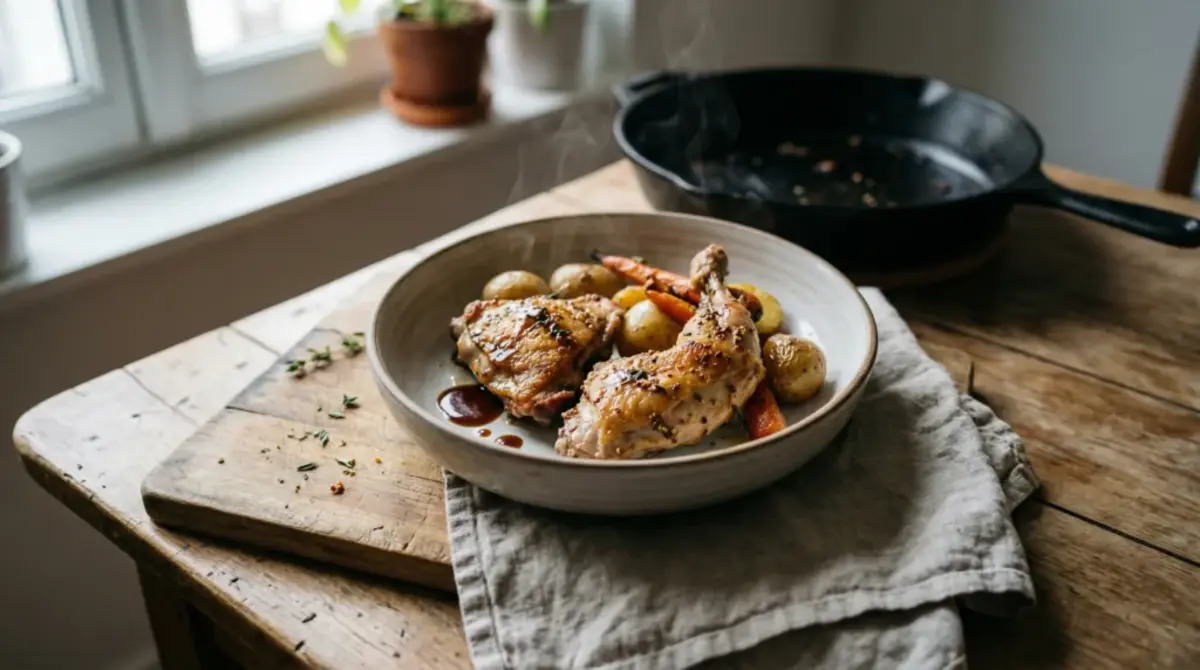 Iepure la Air Fryer cu sos cremos de muștar și legume