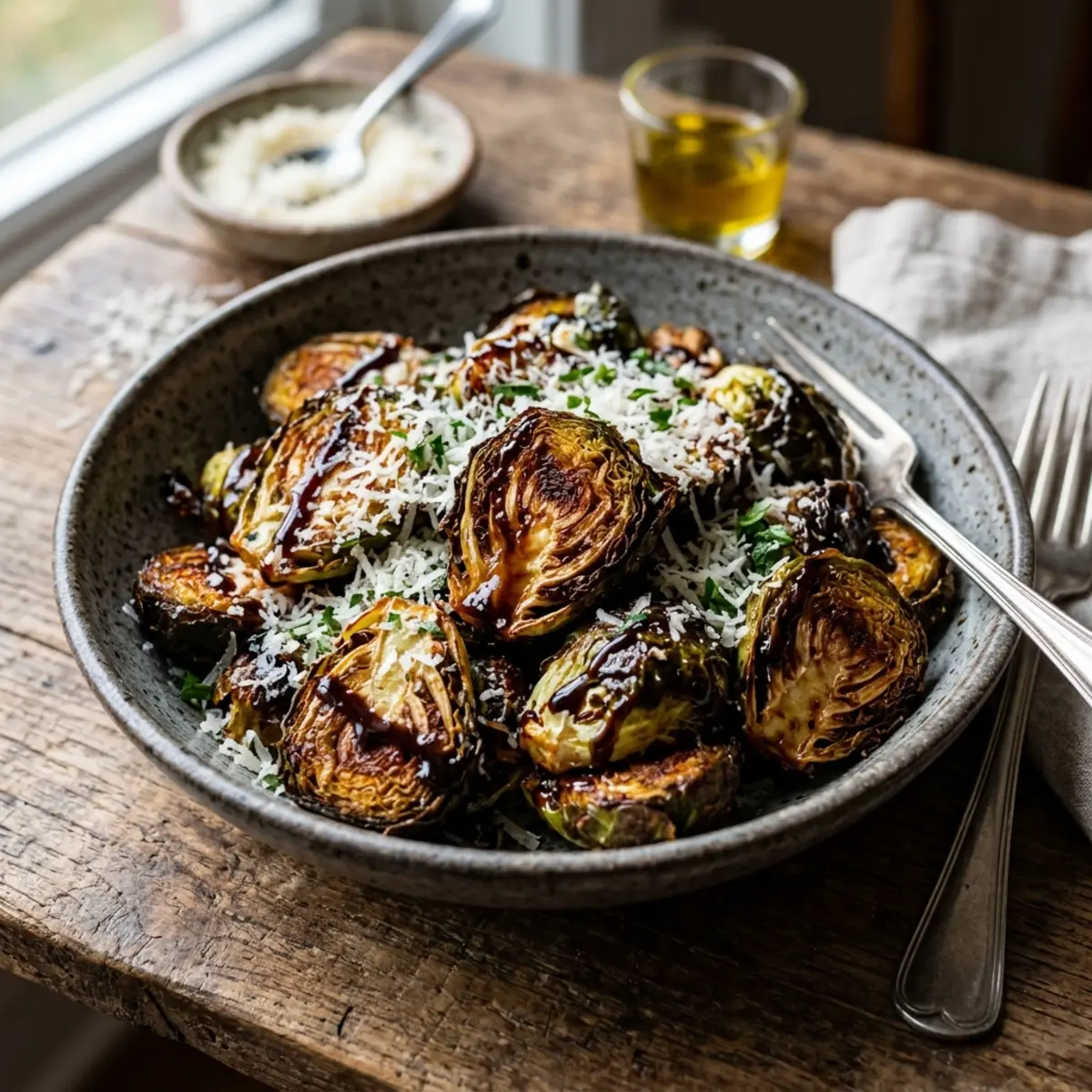 Varză de Bruxelles crocantă la Air Fryer cu parmezan și balsamic