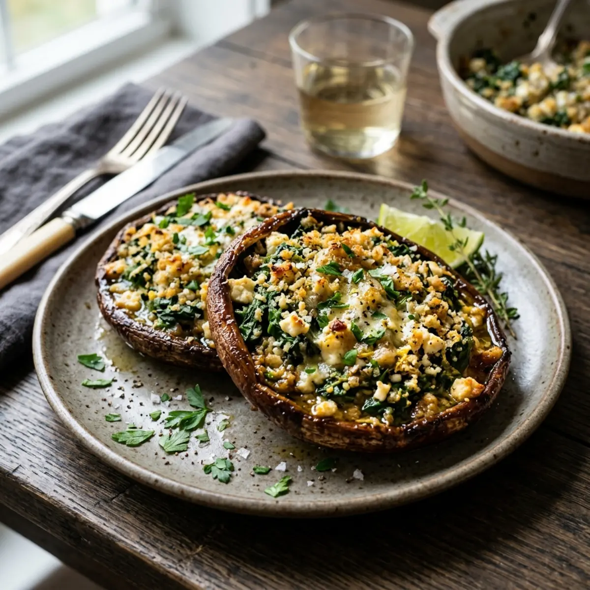 Ciuperci Portobello umplute cu spanac și brânză feta în Air Fryer