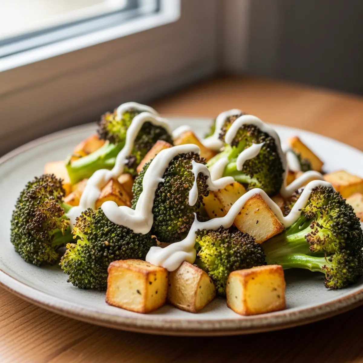 Broccoli și cartofi crocanți la Air Fryer cu cremă de brânză vegană